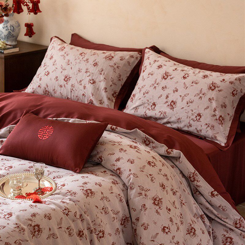浪漫婚礼云样长绒棉四件套色织提花婚礼被套床上用品红色