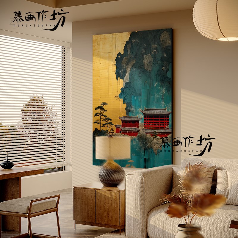 慕画【手绘漆画】鎏金建筑图装饰画客厅书房挂画玄关走廊墙壁壁画图片