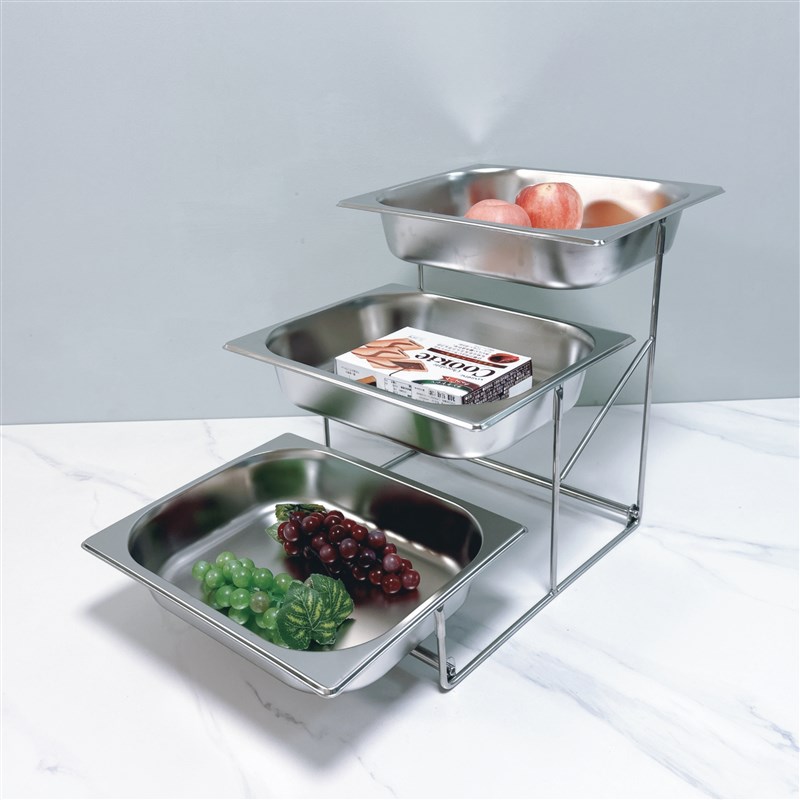三层不锈钢托盘带盖长方形水果盘子自助餐冷餐摆台凉菜熟食展示架