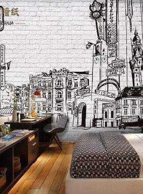 水彩黑白素描建筑壁纸抽象欧式城W市风景客厅壁画简约手绘背景墙