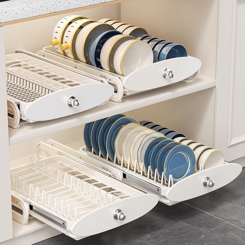 厨房抽拉碗碟收纳架橱柜内置碗架拉篮抽屉式碗盘盘子沥水篮置物架