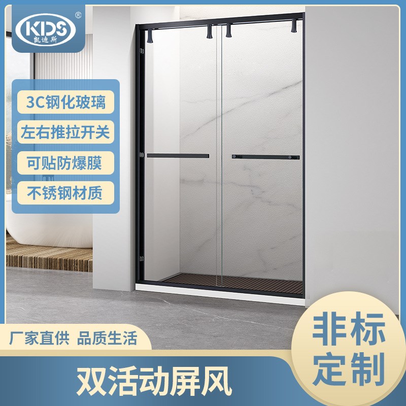 厂家直供极简双活动推拉淋浴房淋浴间玻璃隔O断干湿分离浴室玻璃