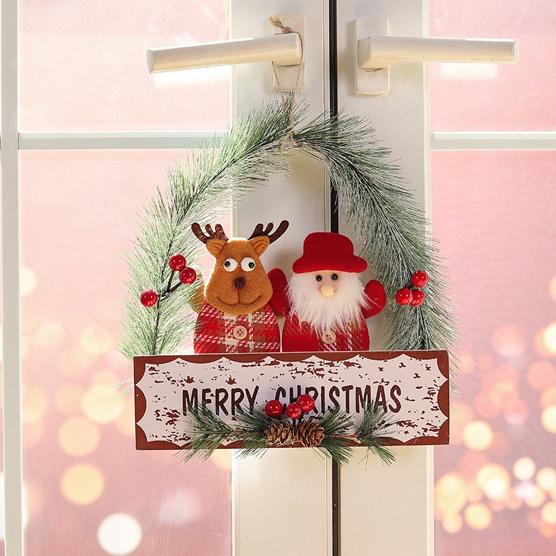 松针圣诞节迷你花环雪u人麋鹿家居门挂节日装饰创意摆件