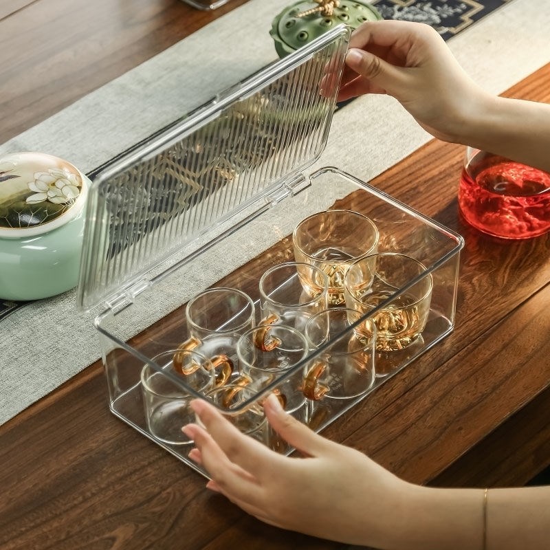 茶具存放盒收纳透明功夫茶杯x茶叶碗茶壶防尘带盖可叠加储存置物