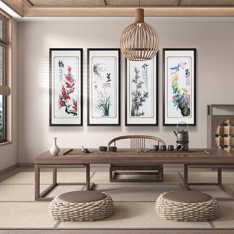 梅兰竹菊刺绣茶室装饰画宋代美学客厅沙发背景墙挂画茶空间茶桌画图片