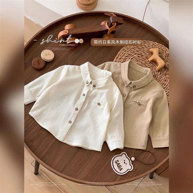 儿童春秋长袖f衬衫新款婴幼儿男女宝宝日系简约风木制纽扣衬衣潮