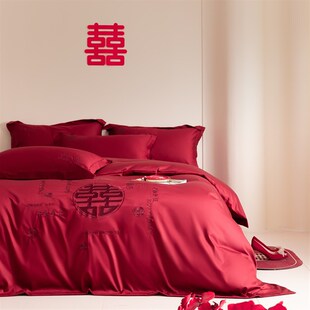 中式 结婚四件套婚庆全棉床单被套酒红色喜被新婚嫁房床上用品