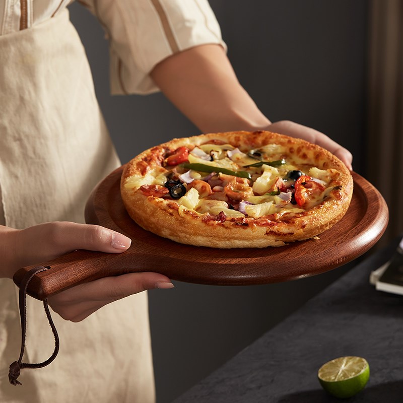 乌檀木实木披萨盘托盘圆形家用蛋糕寿司面包披萨板8/9/10寸木盘子