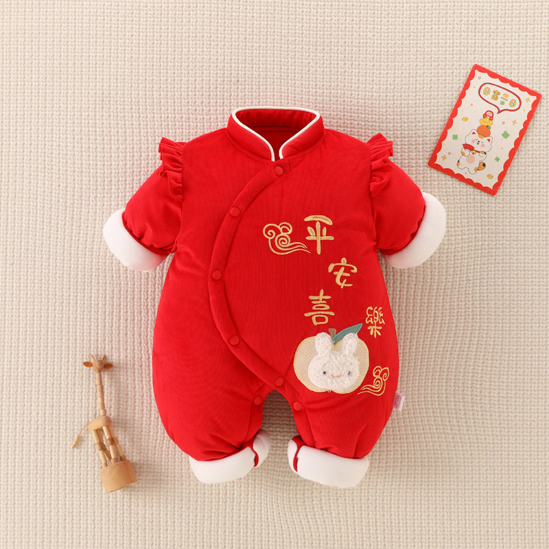 新生儿加厚连体衣拜年服秋冬婴儿大红色棉袄宝宝外出棉衣套装抱衣
