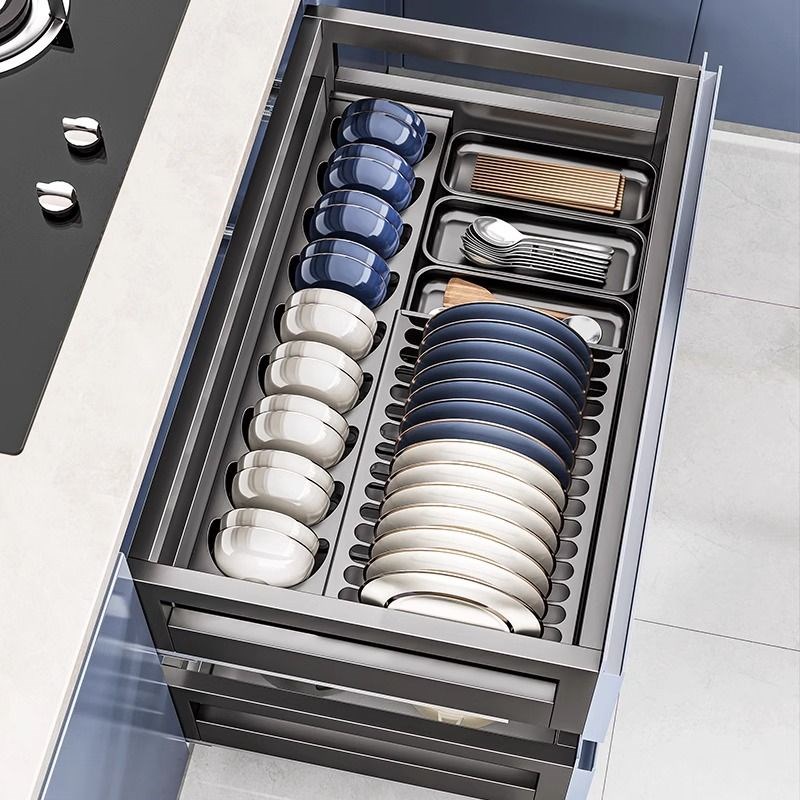 拉篮厨房橱柜抽屉式碗篮双层304不锈钢碗柜碗碟加厚放碗收纳
