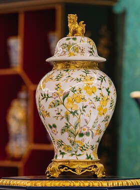 青花瓷中式花瓶国风陶瓷配铜别墅客厅高档摆件玄关隔断博古架装饰