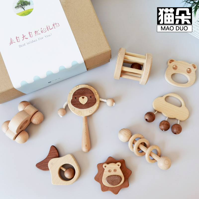 猫朵三个月宝宝礼品木质拨浪鼓可啃咬婴幼儿玩具100天礼物3-6月