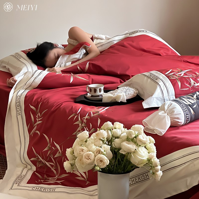 中式风绣花婚庆100S长绒棉床单四件套全棉纯棉喜被罩结婚床上用品