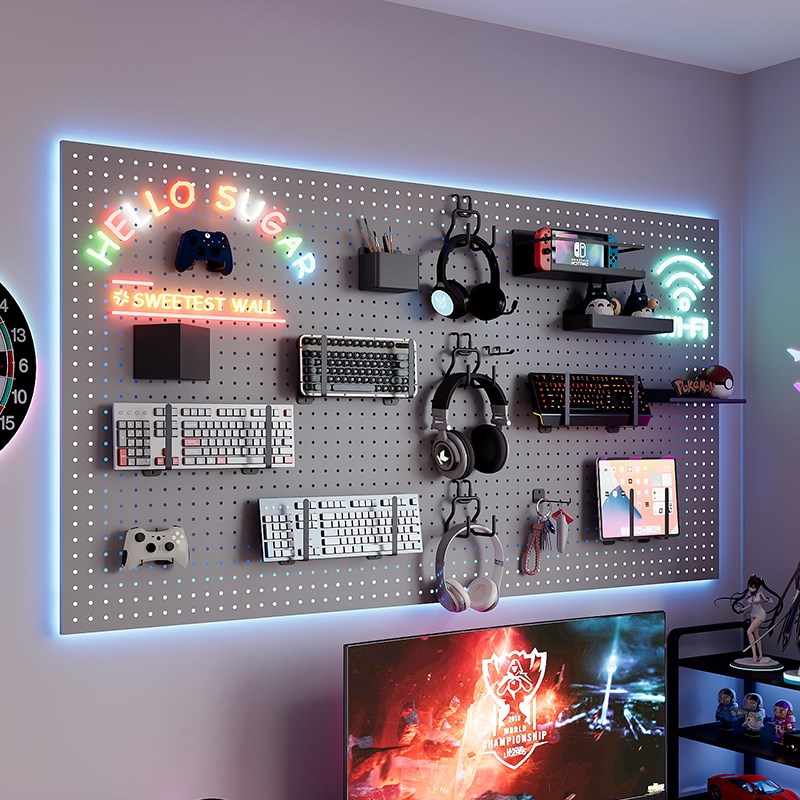 电竞房洞洞板置物架黑色墙上电脑桌墙面收纳氛围灯装饰耳机展示架