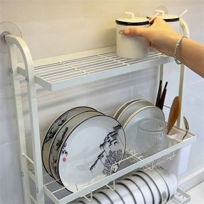 免打孔厨房置物架碗架沥水架放碗碟架台面窄缝上墙三层碗盘收纳架
