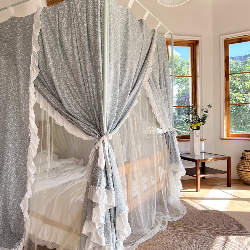 宫廷家用卧室双层蚊帐床帘一体式床幔防尘顶遮光布帘挡风加厚保暖