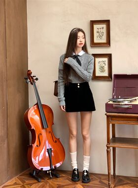 麻花学院派 秋季圆n领学院甜美灰色麻花短款百搭毛衣长半裙女套装