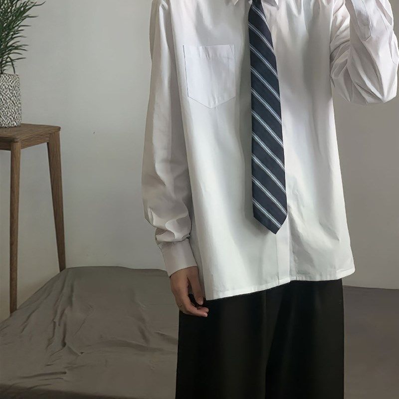 dk制服衬衫男长袖宽松尖领学生班服日系潮流少年感纯色领带白衬衣