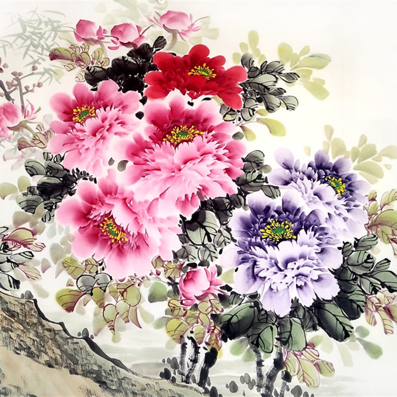 无落款牡丹挂画纯手绘新中式客厅装饰画水墨花鸟壁画卧室挂画国画图片