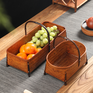 手工竹编大漆提篮中式 家用桌面茶具收纳筐L水果篮便携外出手提竹