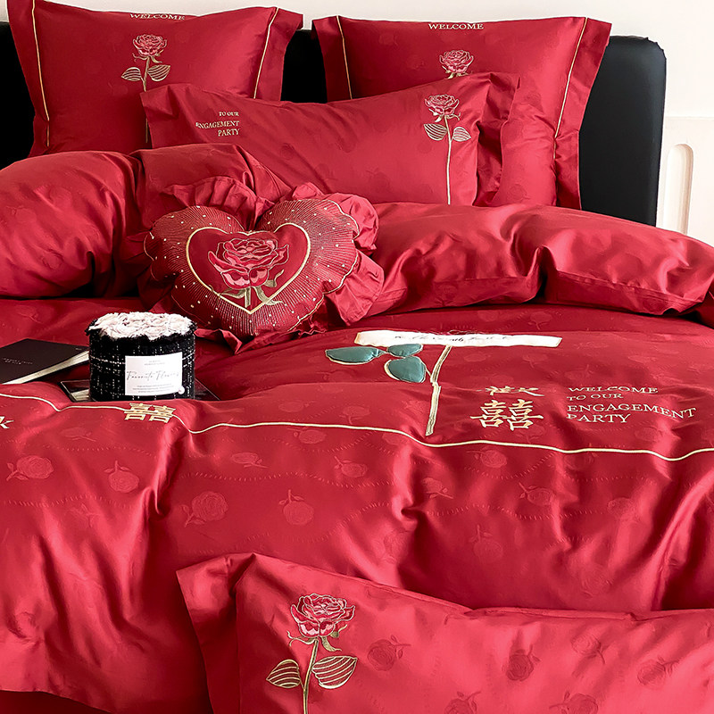 红色婚嫁100S长绒棉新婚庆纯棉四件式欢喜被套结婚高级感床上用品