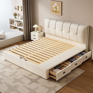 薄床头储物床带抽屉收纳主卧大床多功能气压箱体床实木软包床定制