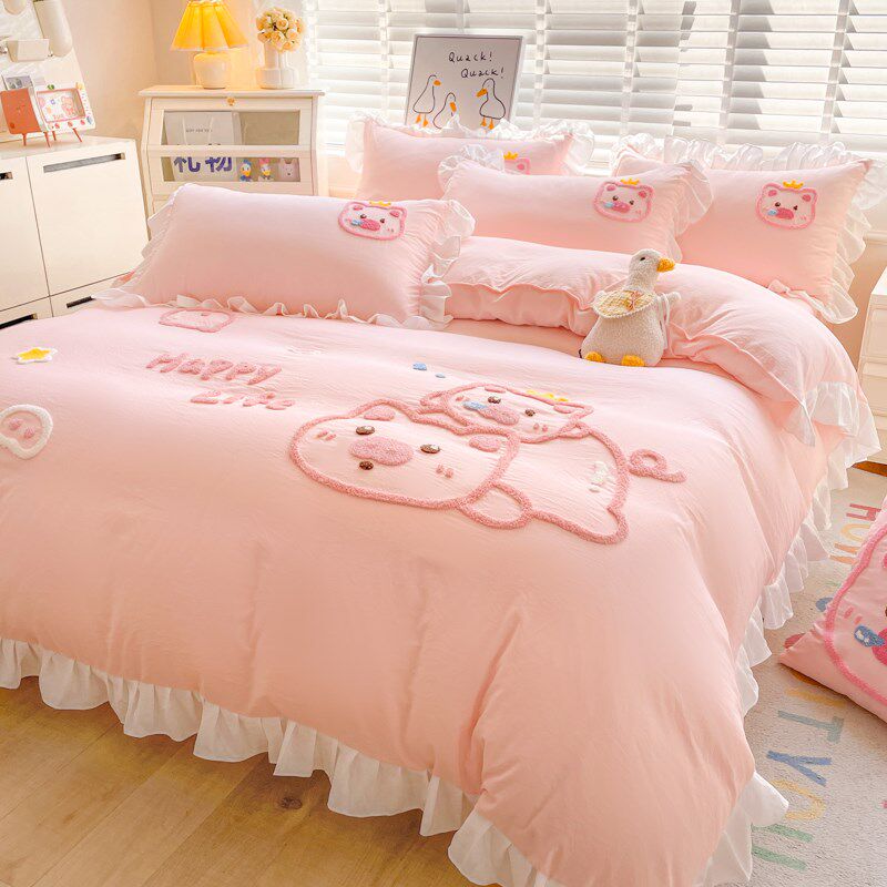 ins少女心床上四件套纯棉小猪毛巾绣被套可爱全棉宿舍三件套床单4