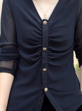 春秋新款妈妈装V领网纱纯色时尚洋气显瘦气质百S搭长袖打底小衫女