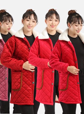 秋冬新款加绒加厚成人罩衣女大码B时尚保暖夹棉外穿工作服棉袄长