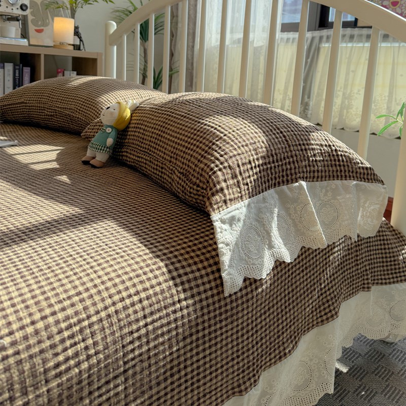 韩国ins简约风床盖全棉花边四层纱布加厚色织提花双人床单三件套