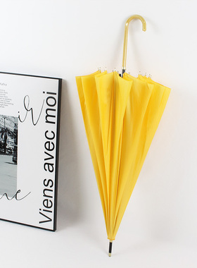 韩版黄色长柄雨伞糖果色16骨弯钩纯色直杆抗风小清新黄伞男女长伞