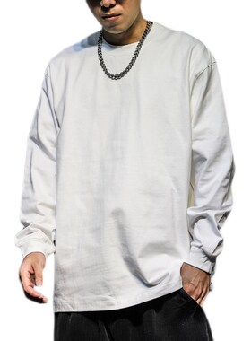 日系打底圆领白色t恤男ins潮流百搭纯棉春夏国潮内搭宽松落肩长袖