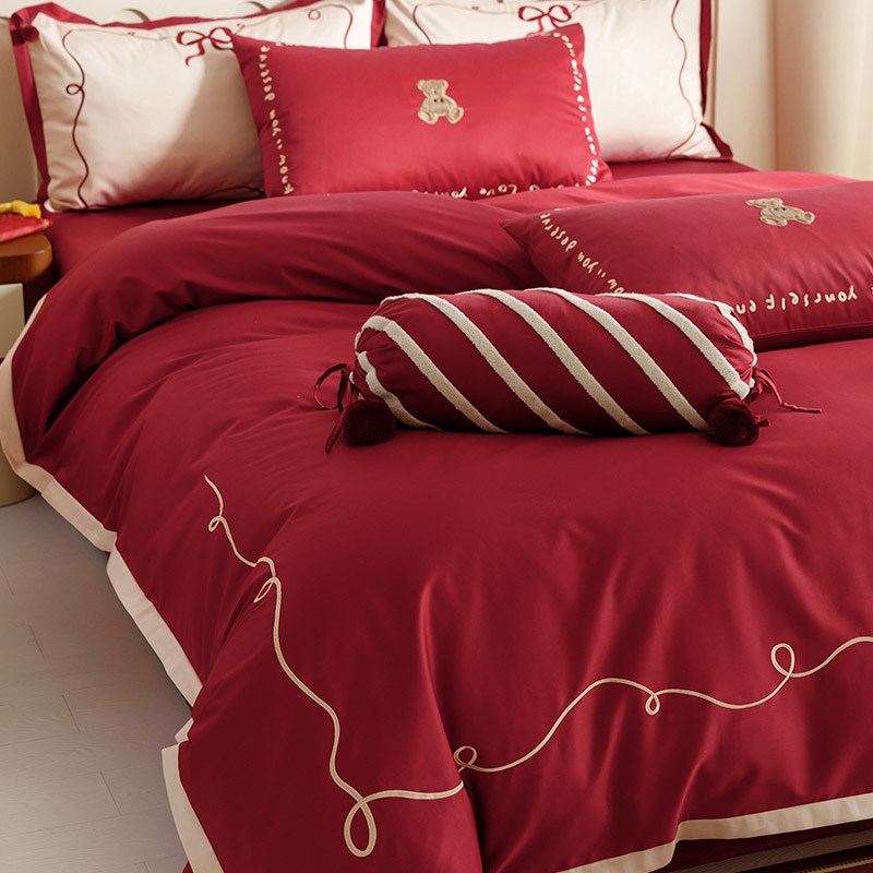 浪漫婚庆100S长绒棉四件套高级感刺绣纯棉红色结婚被套床上用品