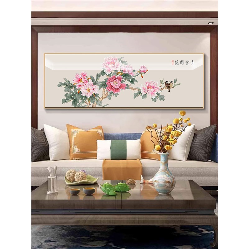 花开富贵新中式客厅画装饰画国画牡丹工笔画卧室挂画沙发背景墙面图片