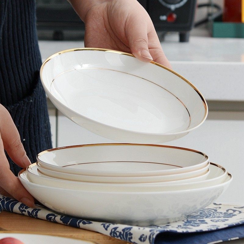 唐山骨瓷盘子菜盘8英寸餐盘深口碟子餐具套装家用汤盘金边陶瓷盘,餐饮具,盘,淘宝优惠券,粉丝福利购,淘宝优惠卷