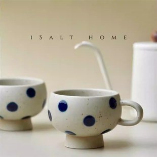 出丹麦bloomingville粗陶手绘高足蓝宝石波点蛋杯咖啡杯拉花杯