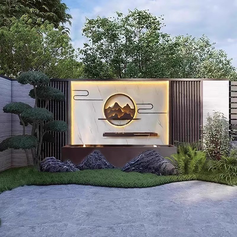 定制不锈钢背景墙别墅园林假山流水影壁墙户外花园水幕墙隔断屏风