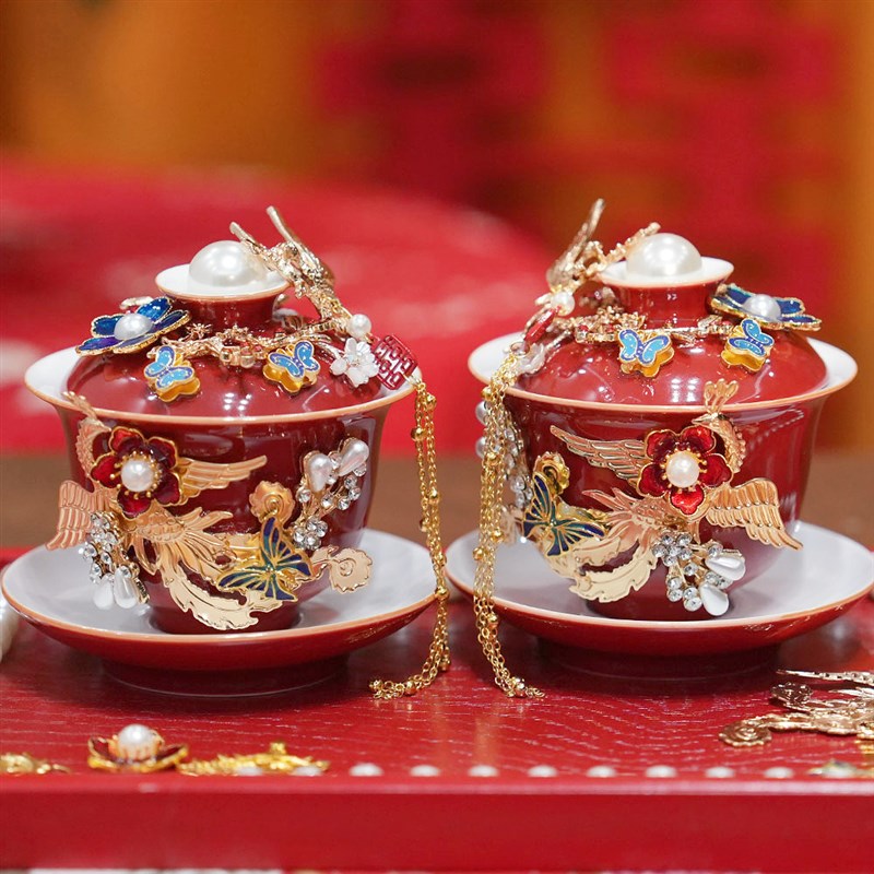 敬茶杯套装结婚用品大全婚礼改口茶具红碗筷女方陪嫁喜碗对碗杯子