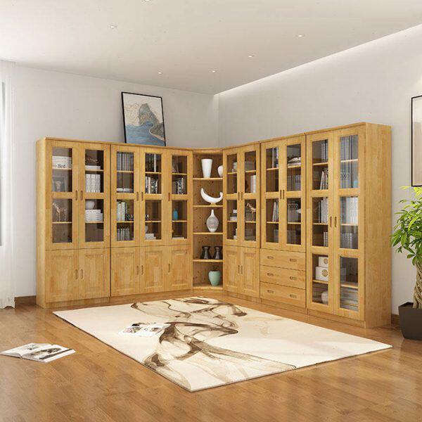 全实木柏木家具带玻璃门落地简约家用组合转角储物书柜书架置物架