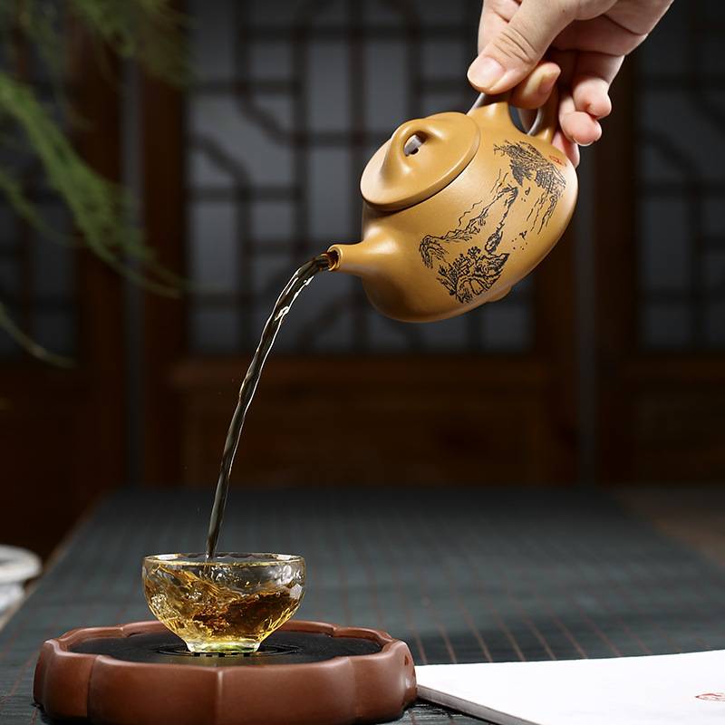 宜兴紫砂壶手工大容量泡茶壶套装茶具子冶山水石瓢壶刻字现代简约