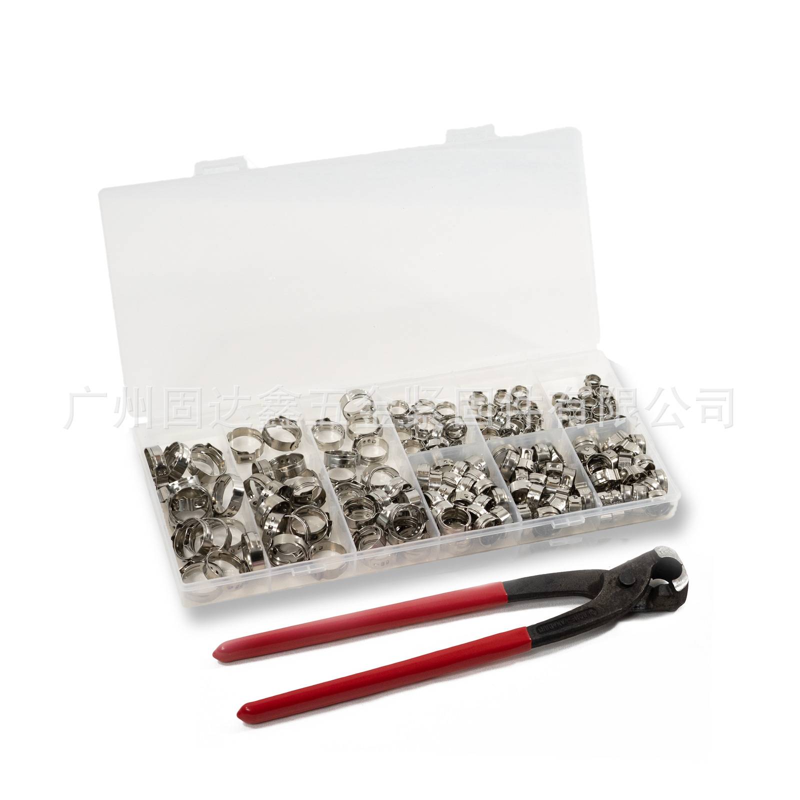 170pcs盒装不锈钢单耳无极喉箍+蓝色/红色卡箍钳组合套装