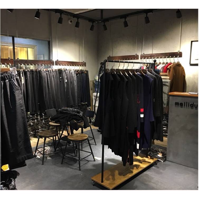 美式铁艺复古实木做旧落地货架衣架水管服装店展示架衣帽架带轮子