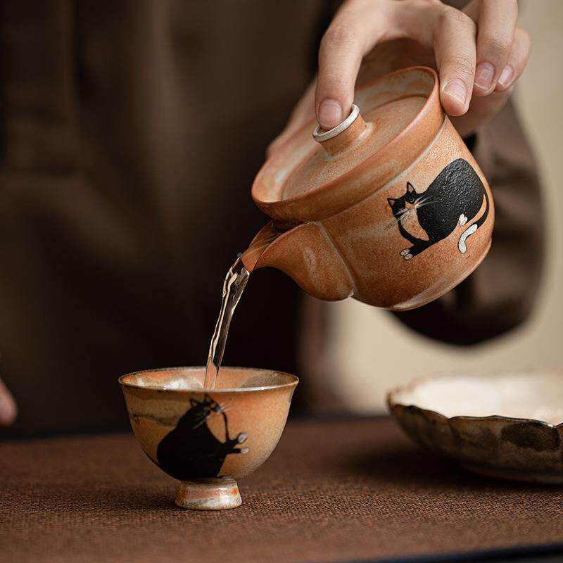 绘日式志器野猫双际手手抓古壶防烫复茶壶家用泡茶单X2405240壶开