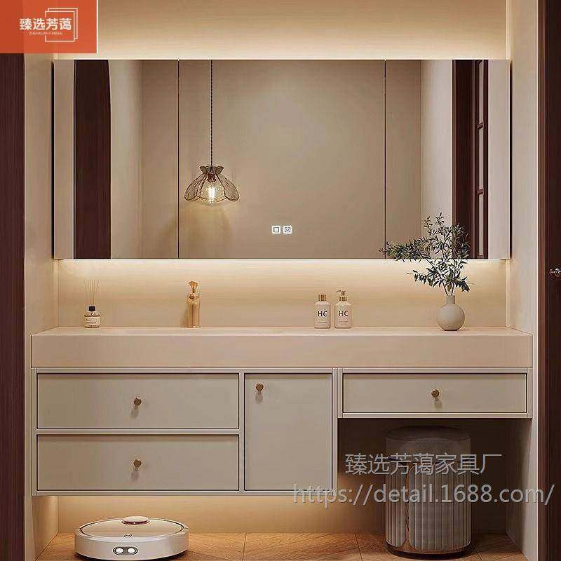 臻选芳蔼中古风浴室柜组合可丽耐洗脸盆岩板无缝热弯一体洗漱台手