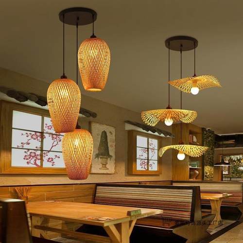 竹编合吊灯创意餐厅酒楼店竹客厅灯笼复古藤285编多头梯三头艺灯