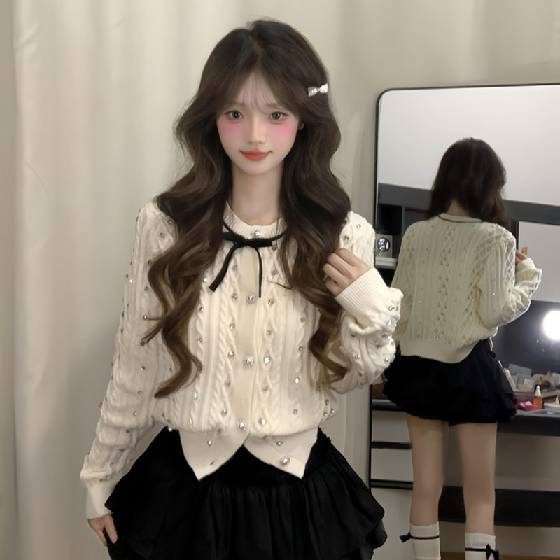 小香风蝴蝶结麻花针织开衫上衣女设计感白色甜美气质毛衣外套秋季