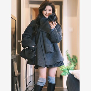 高级感围巾双面呢短款外套2025秋冬新小个子斜扣宽松双面羊绒大衣
