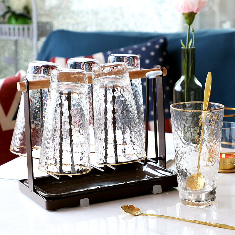 金边玻璃杯子ins风喝水杯 水具简约清新森系家用啤酒杯茶杯套装