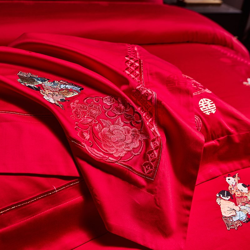 长绒棉140支婚庆四件套高档纯棉大红龙凤婚房床上用品全棉十件套