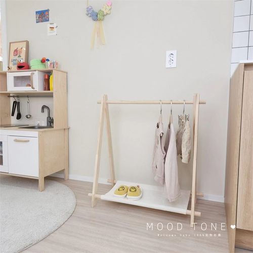韩国ins儿童衣帽架原木风落地衣架简约现代实木晾衣架可移动晒衣